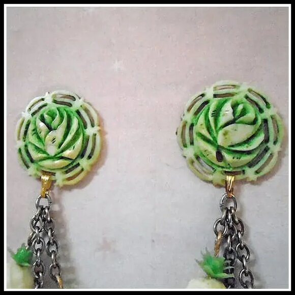 Funky Dangle Roses & Pineapples Earrings OOAK Made with Vintage - Picture 3 of 8